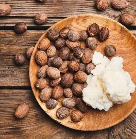 Dried shea nuts with raw shea butter on wooden plate